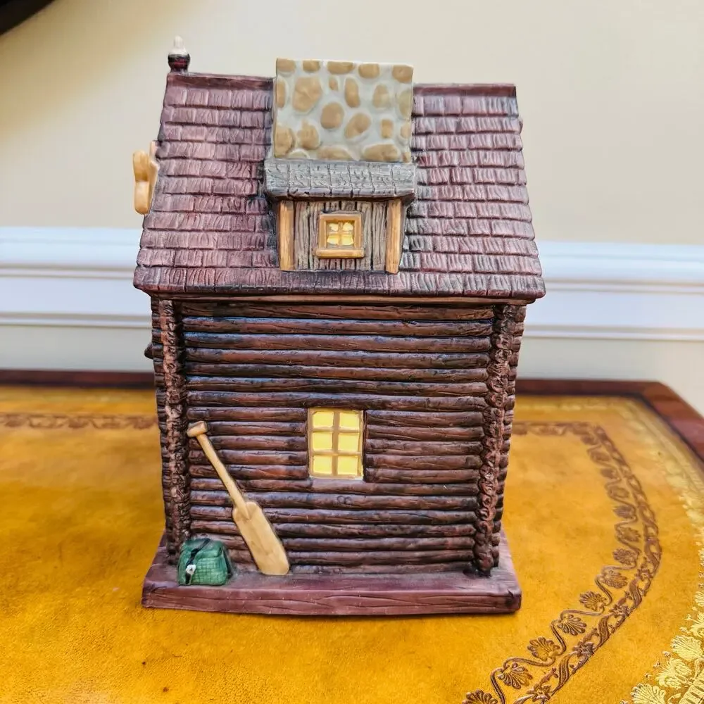 GONE FISHING Ceramic Log Cabin Tissue Paper Holder Rustic Fisherman Rare